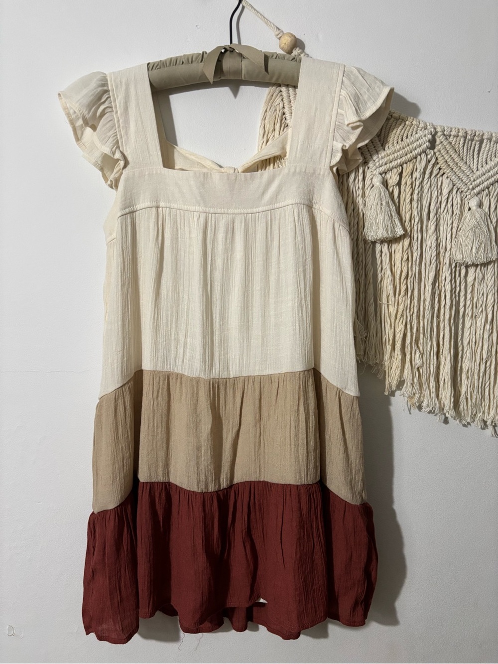 mine Neutral Tiered Square Neck Dress with Rust Hem